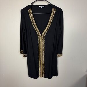 Mira Womens Black Gold Beaded Sequin V-Neck Tunic Dress Size M 3/4 Sleeve